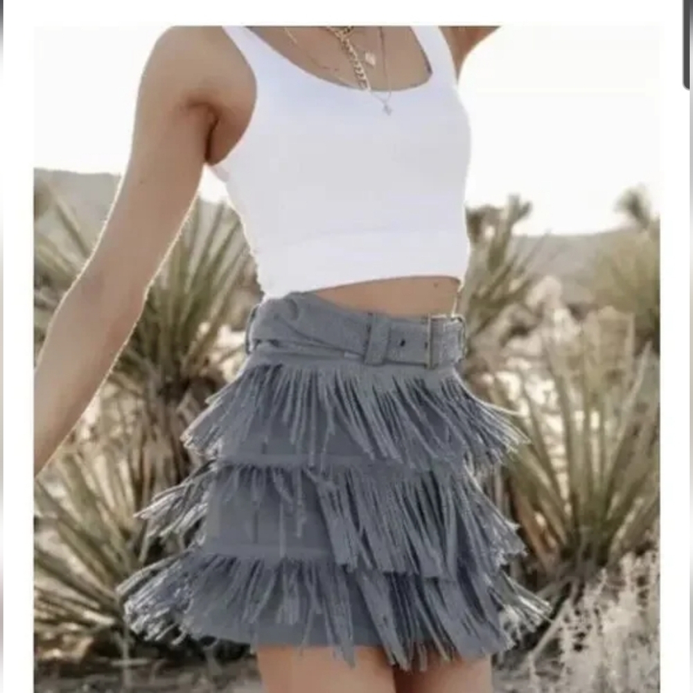NYLON APPAREL Dusty Blue Western Fringe Layered Mini Skort